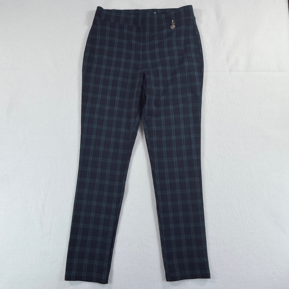 Tommy Hilfiger Plaid Pants Womens 12 Green Navy Blue Slim Stretch Dark Academia